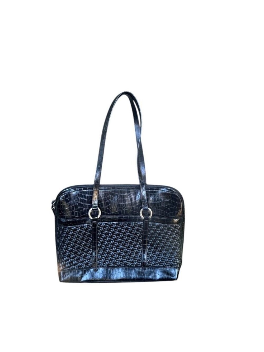 Coldwater Creek Black Hampton Woven Faux Leather Computer Laptop Commuter Bag